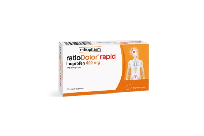 Packung ratioDolor® rapid mit Ibuprofen 400 mg, zeigt menschliche Silhouette mit Schmerzpunkten.