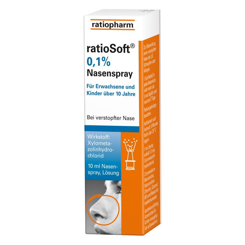Verpackung von ratioSoft 0,1% Nasenspray mit Informationen zur Anwendung bei verstopfter Nase und dem Wirkstoff Xylometazolin.
