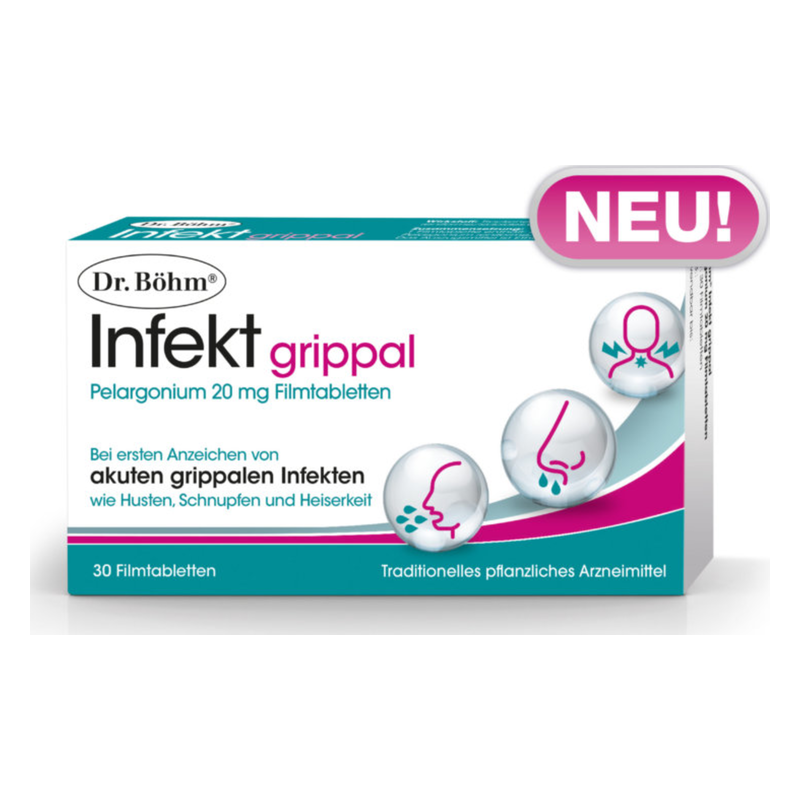 Packung mit Dr. Böhm Infekt gripal, 20 mg Pelargonium Filmtabletten, für die Behandlung von grippeähnlichen Symptomen