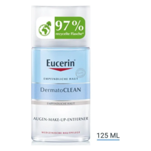 Transparente Flasche mit blauer Flüssigkeit, Eucerin Augen-Make-up-Entferner, 125 ml, mit recyceltem Material-Merkmal.