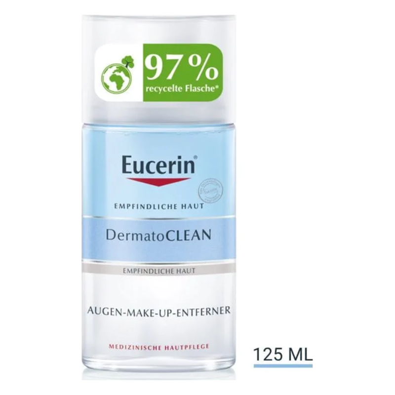 Transparente Flasche mit blauer Flüssigkeit, Eucerin Augen-Make-up-Entferner, 125 ml, mit recyceltem Material-Merkmal.
