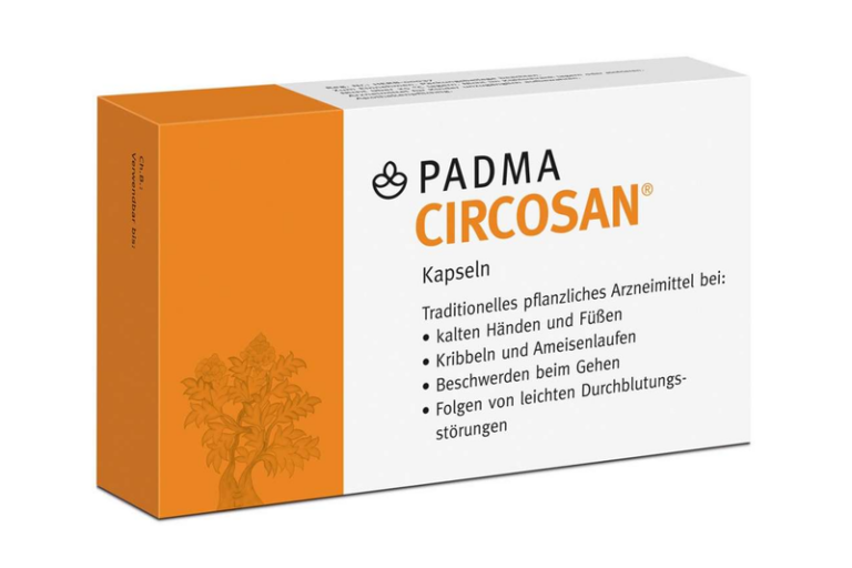 Packung mit PADMA CIRCOSAN Kapseln zur Linderung von Durchblutungsstörungen und begleitenden Symptomen.