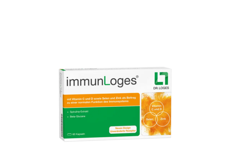 Verpackung von immunLoges mit Informationen zu Inhaltsstoffen für das Immunsystem, 60 Kapseln.
