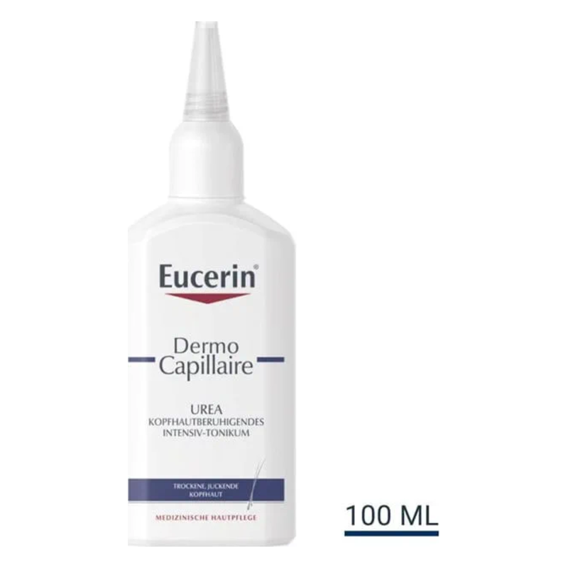 Eucerin Dermo Capillaire Intensiv-Tonik für trockene, juckende Kopfhaut in einer 100 ml Flasche mit feiner Applikationsspitze.