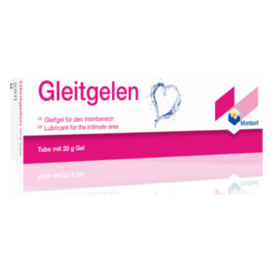 Verpackung eines Gleitgels für den Intimbereich in einer Tube mit 20 g Inhalt, mit rosa Farbgebung und Wassersymbol.
