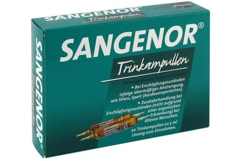 sangenor_trinkampullen.jpg Verpackung von SANGENOR Trinkampullen zur Unterstützung bei Erschöpfungszuständen, mit 20 Ampullen.